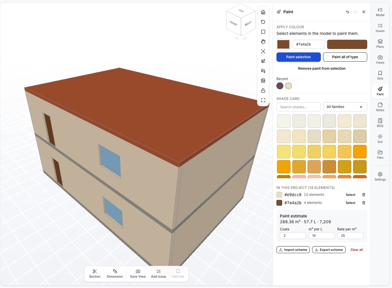 The BIM Workspace viewer showing a painted two-storey office model, the Paint panel and cloud backup status