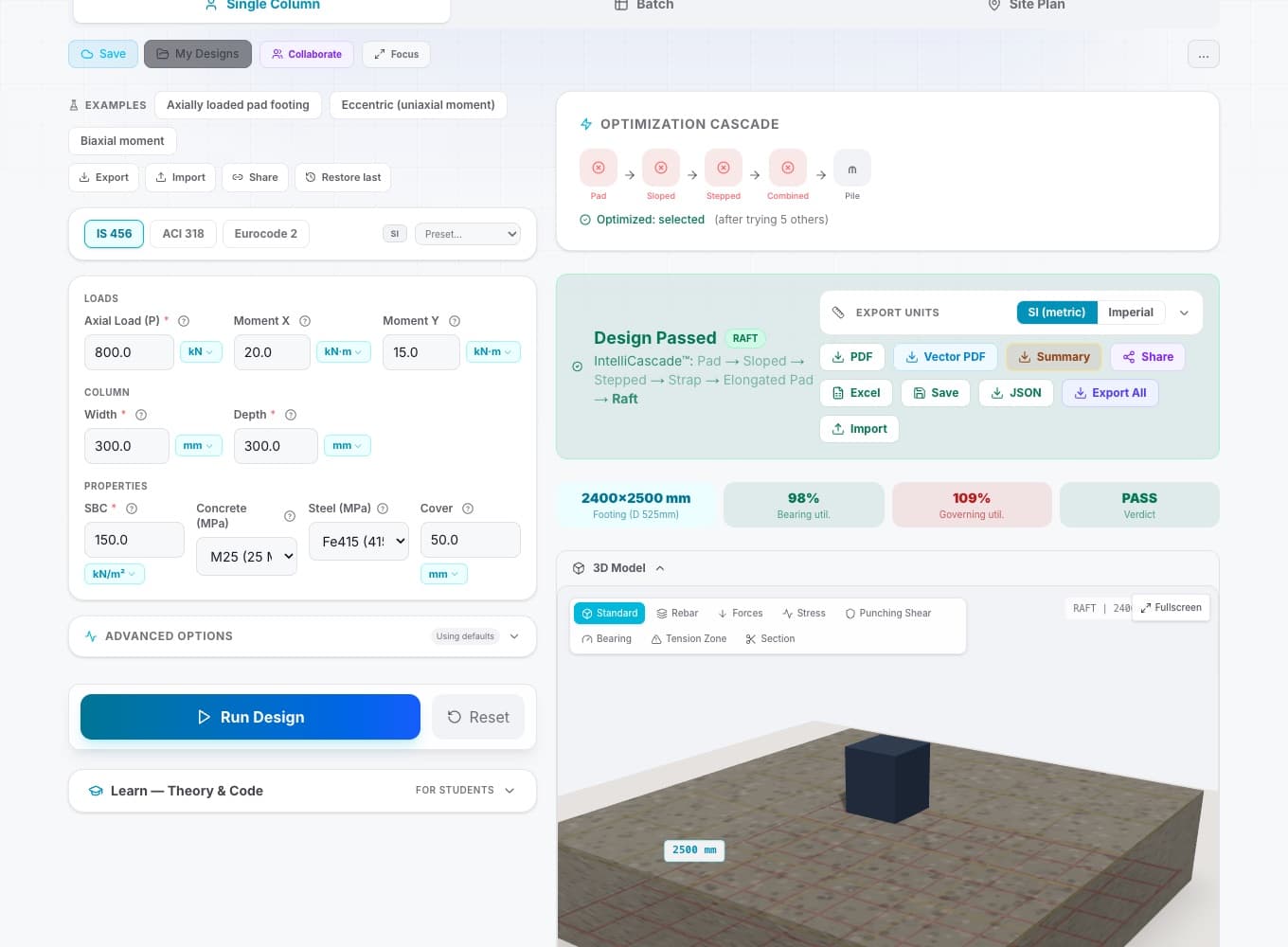 Foundation Design in CivilTech Studio, showing a worked example with its results