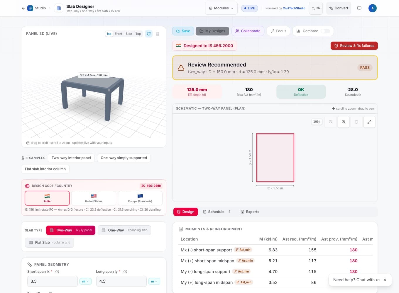 Slab Designer in CivilTech Studio, showing a worked example with its results